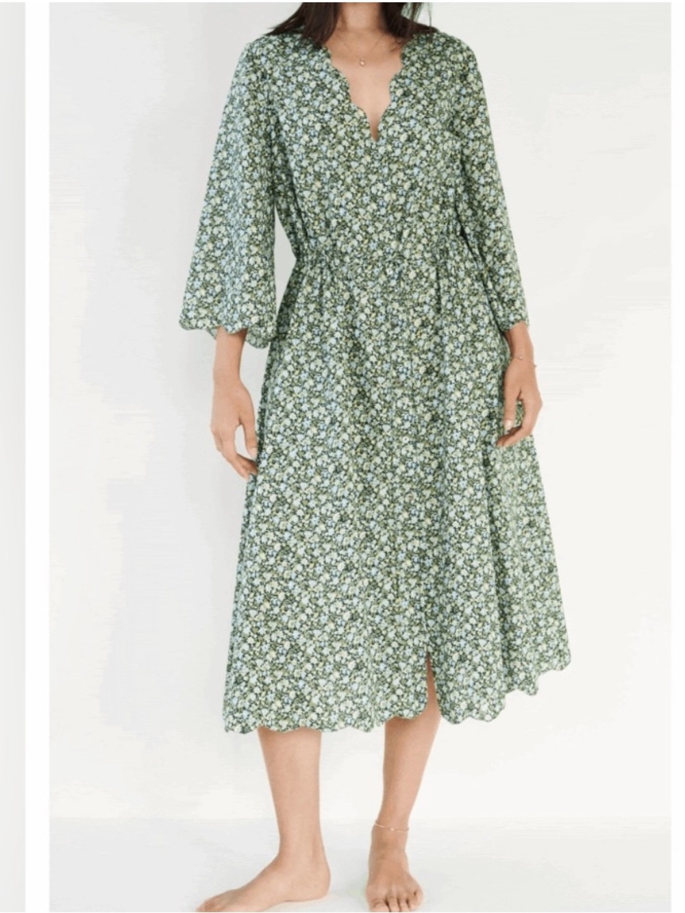 Marysia Resort Floral Long Sleeve Dress Size XS Green Blue Floral Scallop Trim